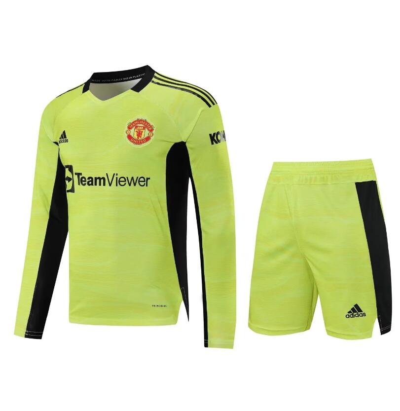 2021/22 Manchester United Long Sleeve Green Goalkeeper Soccer Kits Shirt with Shorts